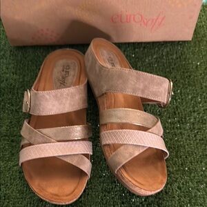 New Sofft Euro Soft Genalyn Stone Taupe Sandals Slip-On, Gold Buckle